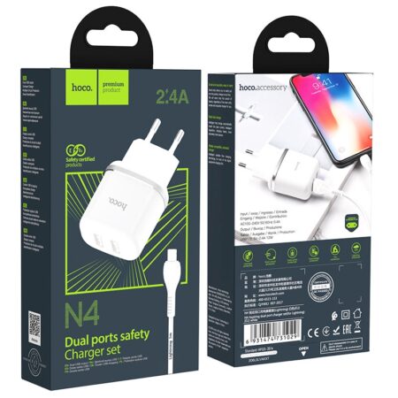 Laadija Hoco N4 2 USB-porti + Lightning 2.4A (valge)