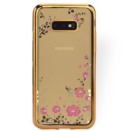 Silikoon Pilt Kristallidega Samsung G970/ Galaxy S10e (kuldne raam/peegelroosad lilled)