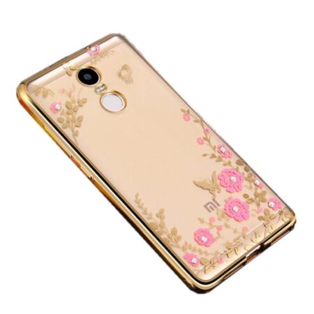 Silikoon Pilt kristallidega Xiaomi Mi 6 (kuldne raam/roosad lilled)