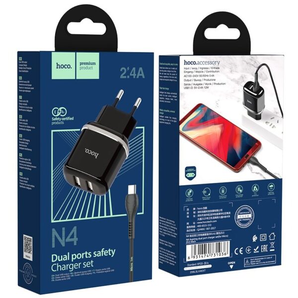 Laadija Hoco N4 2 USB-porti 2.4A + Micro USB (must)