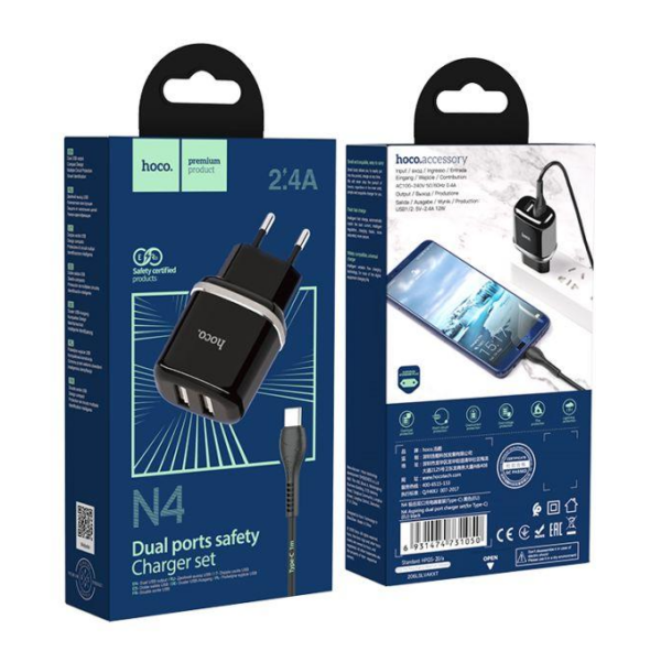 Laadija Hoco N4 2 USB-porti + Type-C 2.4A (must)