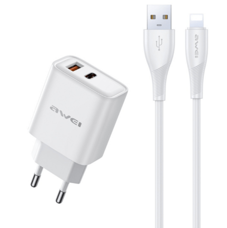 Charger Awei PD81L-EU USB / Type-C + USB to Lightning (valge)