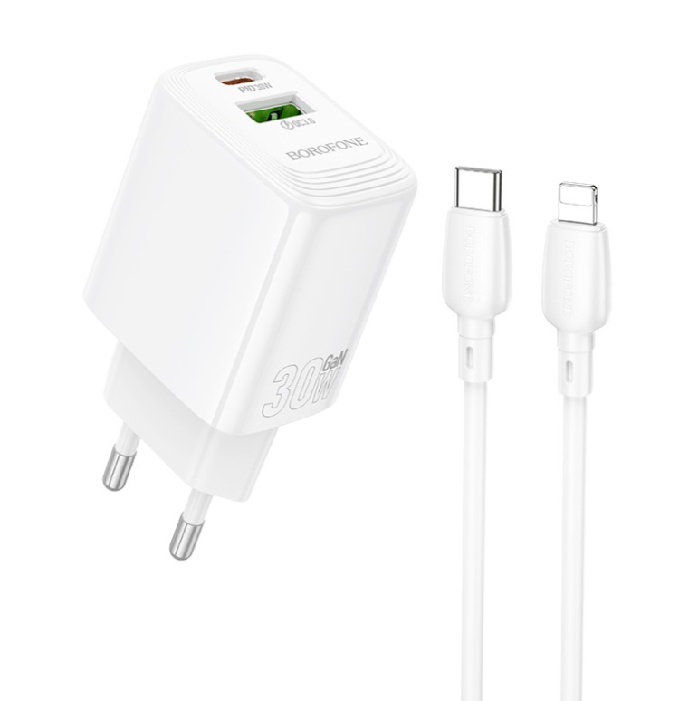 Laadija Borofone BN27 20W Type-C / USB-A + Type-C to Lightning (valge) Laadija Borofone BN27 20W Type-C / USB-A + Type-C to Lightning (valge)