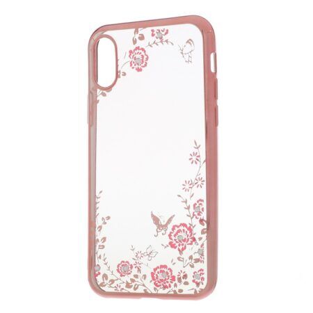 Silikoon Pilt kristallidega Iphone X/ Iphone XS (roosa raam/roosad lilled)