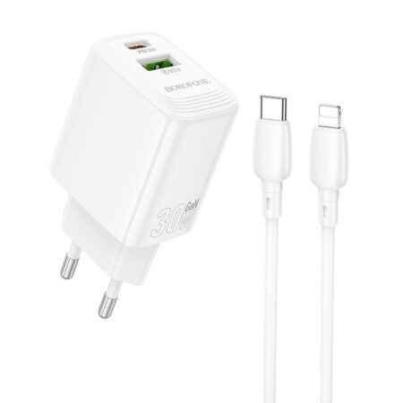 Laadija Borofone BN29 30W USB-C / USB-A + USB-C to Lightning (valge)
