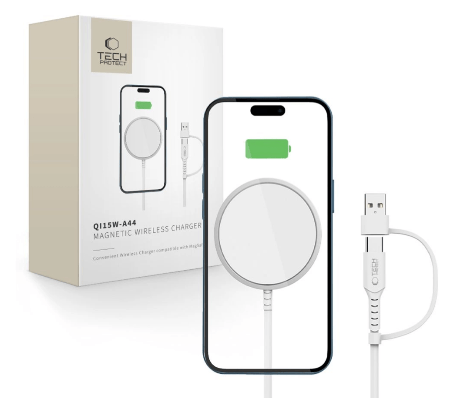 Tech-Protect QI15W-A44 Magsafe laadija Type-C/ USB-A 1.2m (valge) Tech-Protect QI15W-A44 Magsafe laadija Type-C/ USB-A 1.2m (valge)
