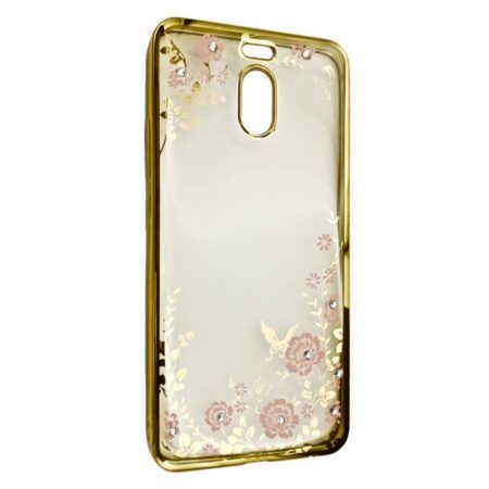 Silikoon Pilt Kristallidega Meizu M6 (kuldne raam/roosad lilled)