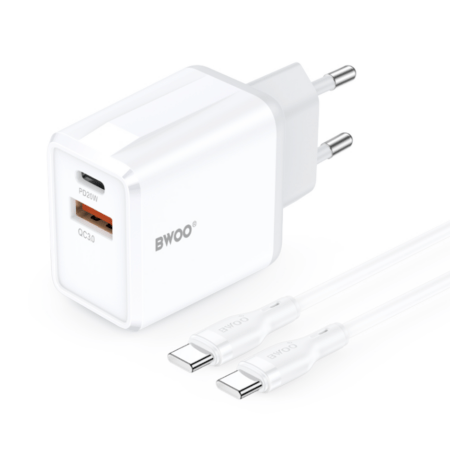 Laadija BWOO CDA182 Type-C+USB-A 20W + Type-C 1.0m (valge)