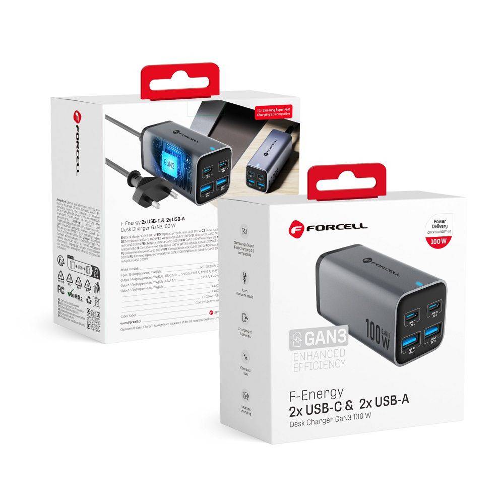 Laadija Forcell F-Energy VT-49 GaN 2 x USB C + 2 x USB A QC4.0 PD 5A 100W (hall) Laadija Forcell F-Energy VT-49 GaN 2 x USB C + 2 x USB A QC4.0 PD 5A 100W (hall)