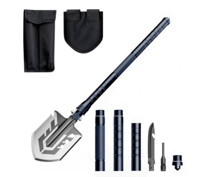 Wozinsky WSS-211 multifunktsionaalne ellujäämis- ja bushcraft-labidas koos noaga, klaasilõhkujaga, tulekiviga, vilega ja harpuuniga (hall)