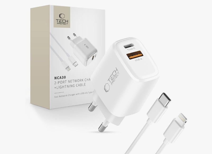 Laadija Tech-Protect NCA30 PD 30W USB-A / USB-C + USB-C / Lightning (valge) Laadija Tech-Protect NCA30 PD 30W USB-A / USB-C + USB-C / Lightning (valge)