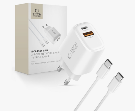 Laadija Tech-Protect NCA45W-GAN 45W USB - Type C + Type C to Type C (valge)
