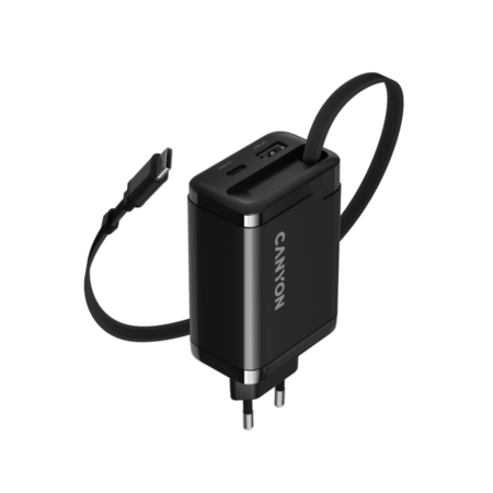 Laadija USB-C juhtmega Canyon, Type-C+USB-A PD65W (must)