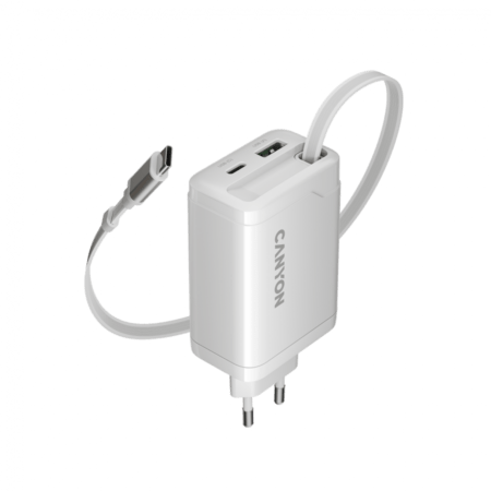 Laadija USB-C juhtmega Canyon, Type-C+USB-A PD65W (valge)