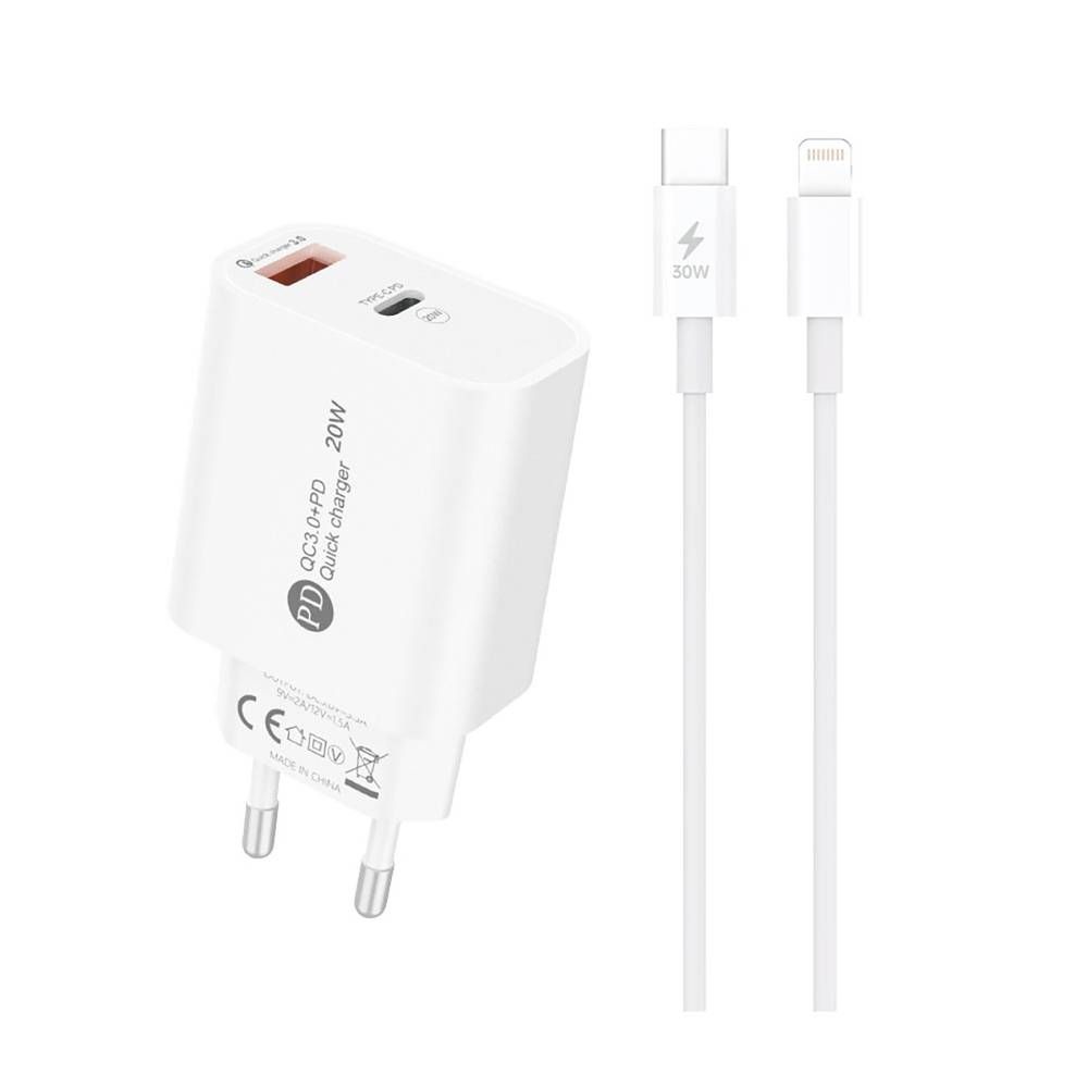 Laadija A6MaxL 20W USB-A USB-C koos USB-C - Lightning kaabliga 1m (valge) Laadija A6MaxL 20W USB-A USB-C koos USB-C - Lightning kaabliga 1m (valge)