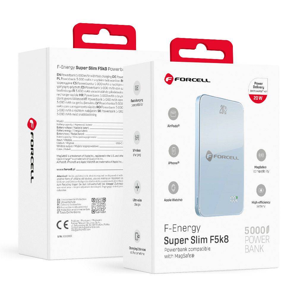 Akupank Forcell F-Energy SuperSlim F5K8 QC4.0 PD3.0 15W 5000 mAh (helesinine) Akupank Forcell F-Energy SuperSlim F5K8 QC4.0 PD3.0 15W 5000 mAh (helesinine)